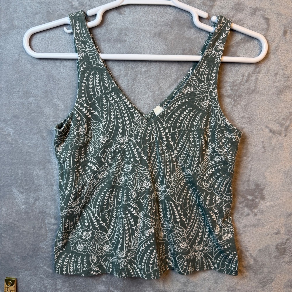Pact Tank Top Womens Small Green Floral Sleeveless V-Neck Organic Cotton Blend